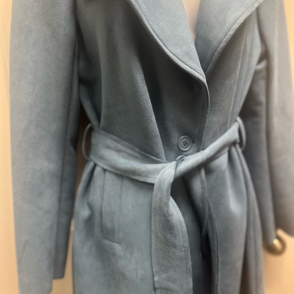 Elie Tahari Dusty Blue Faux Leather Belted Wrap Trench Coat Small NWT - Picture 4 of 12